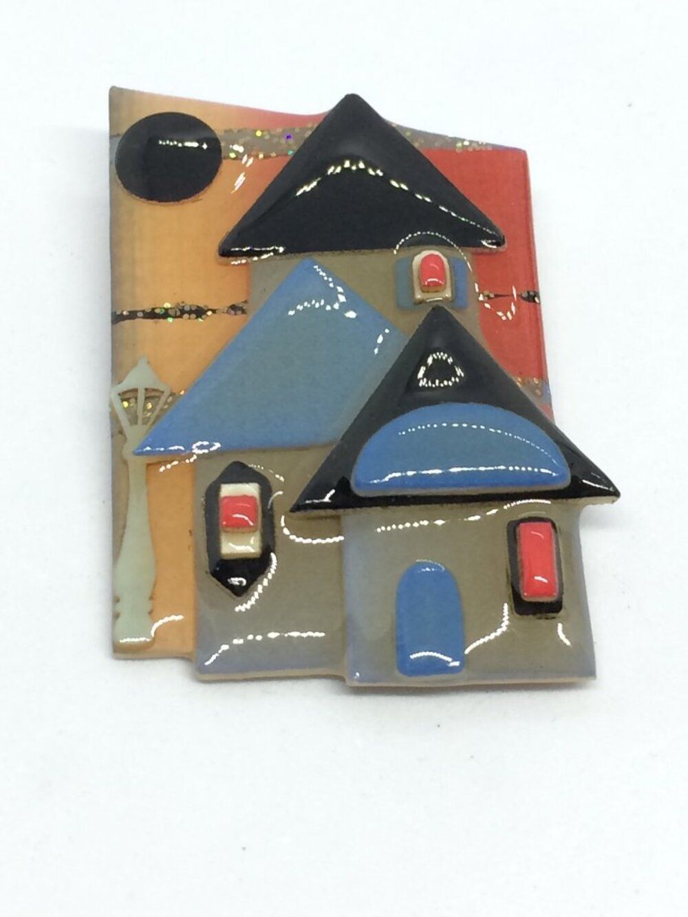 House by Lucinda Pin Brooch Cottage Village Art Signed Vintage
